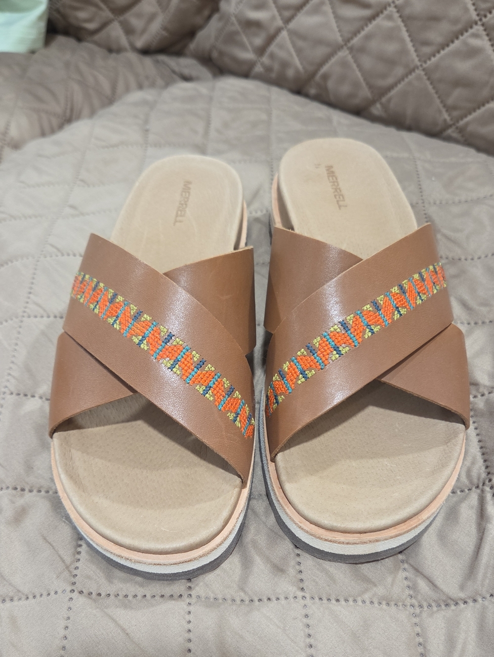 Merrell Women's Brown Slide Sandals with Orange and Green Embroidery